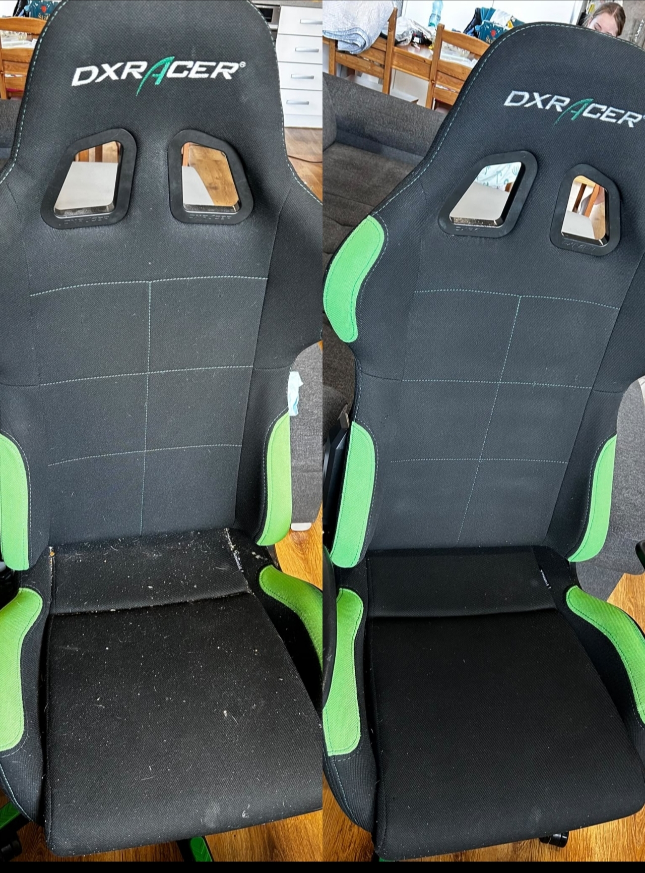Čištění herní / kancelářské židle (DXRacer) Problém: Usazený prach, drobky a vlasy/chlupy zachycené v textilním potahu a záhybech sedáku. Výsledek: Důkladné vysátí a extrakční hloubkové čištění, které odstranilo veškeré nečistoty z hloubky látky a navrátilo židli sytě černou barvu a svěžest.