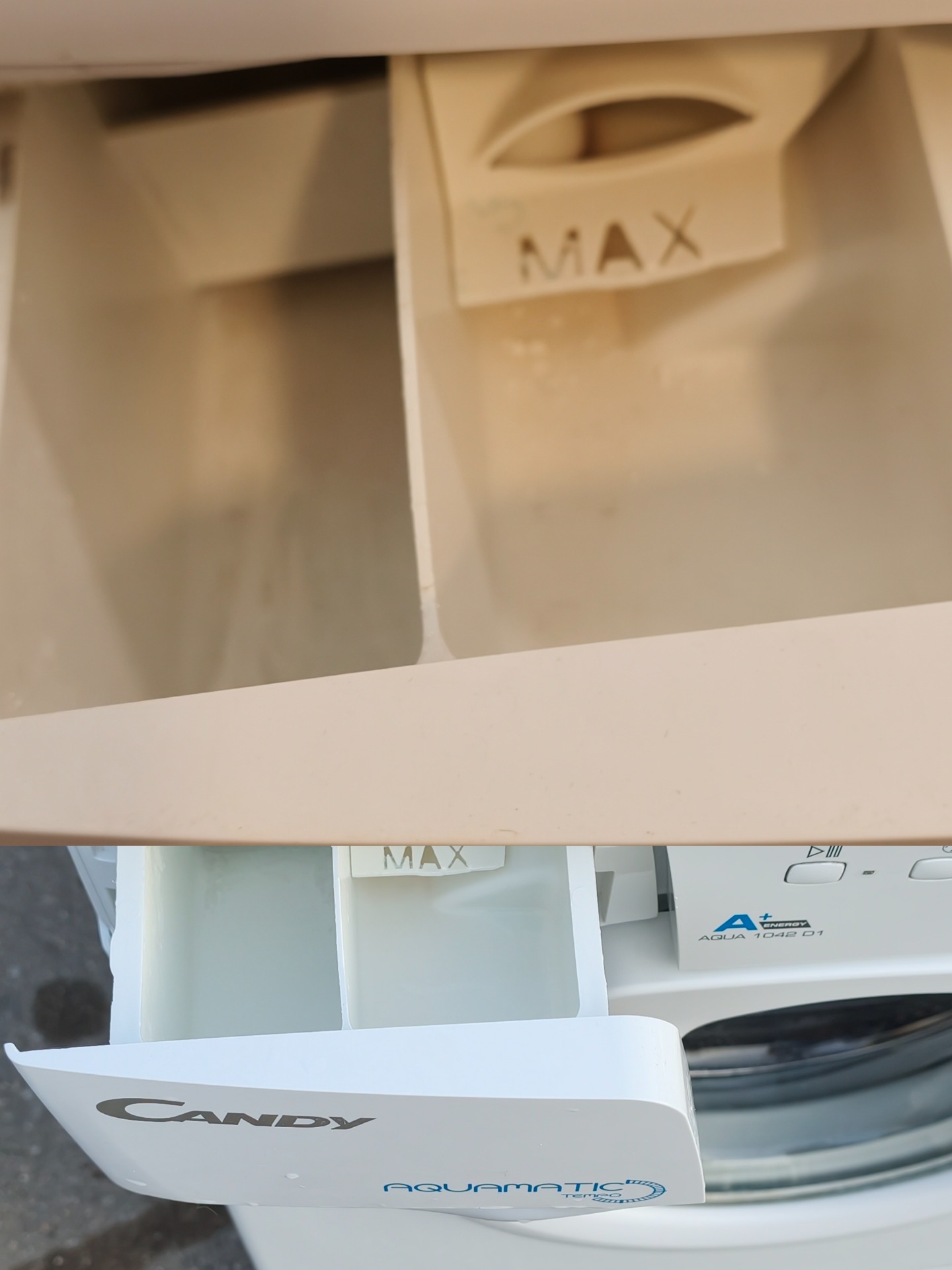 Čištění a dezinfekce dávkovacího šuplíku (násypky) pračky Problém: Zažloutlý plast, nánosy zaschlého pracího prášku, aviváže, vodního kamene a plísně. Výsledek: Kompletní vyčištění a parní dezinfekce násypky i prostoru za ní. Plast je opět zářivě bílý a bez bakterií či zápachu.